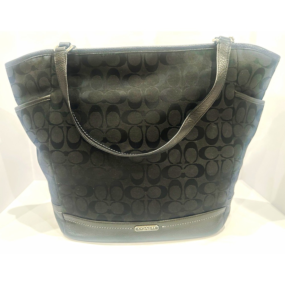 Coach F23296 Black Signature Jacquard Leather Tote Shoulder Bag Large